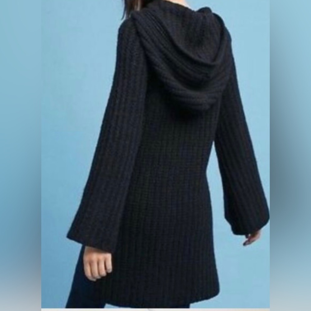 Anthropologie Sweater Women’s Sz XS Black Moth Chunky Knit Bell Sleeve Hooded - Picture 3 of 10